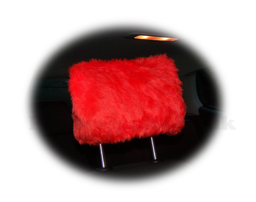 Racing Red fluffy faux fur car headrest covers 1 pair Poppys Crafts
