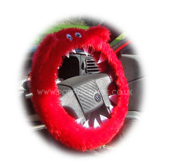Fuzzy faux fur Red Monster steering wheel cover with googly eyes Poppys Crafts