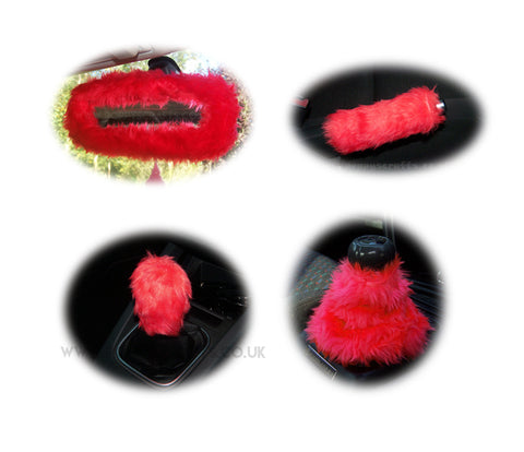 Racing Red fluffy faux fur car accessories 4 piece set