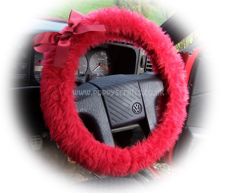 Racing red fluffy faux fur car steering wheel cover with red satin Bow Poppys Crafts
