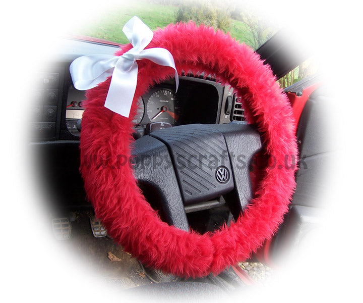Racing red fluffy faux fur car steering wheel cover with White satin Bow Poppys Crafts