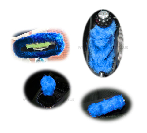 Royal Blue fluffy faux fur car accessories 4 piece set