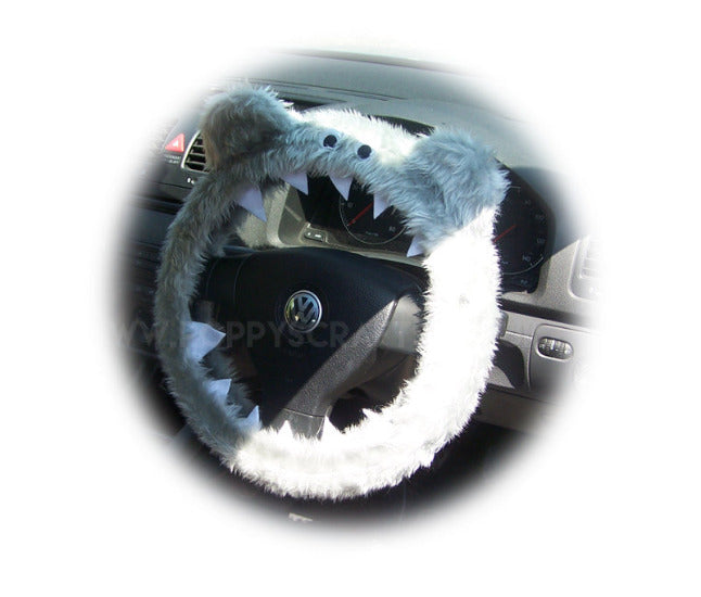 Light Silver Grey faux fur fuzzy Monster car steering wheel cover Poppys Crafts