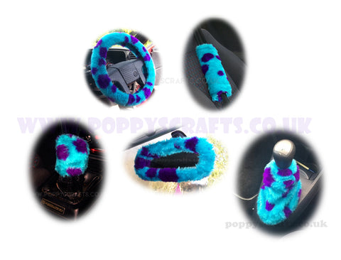 Large 7 Piece Spotty Monster fluffy car accessories set faux fur