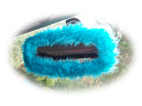 Turquoise / Teal fuzzy rear view interior car mirror cover