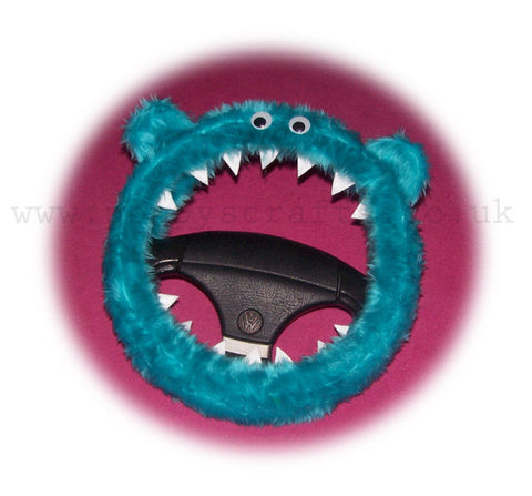 Turquoise / Teal Fuzzy monster car steering wheel cover