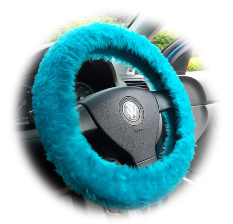Teal Turquoise fuzzy faux fur car steering wheel cover