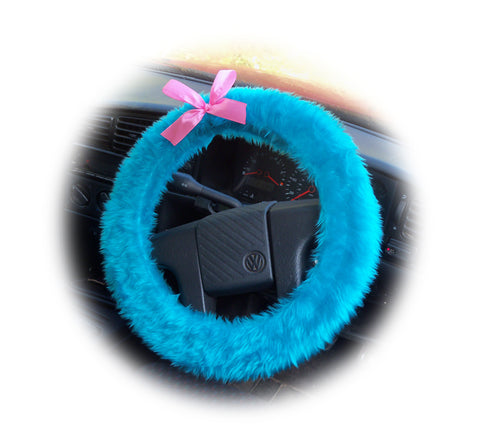 Turquoise / Teal fuzzy car steering wheel cover faux fur with Barbie Pink satin Bow