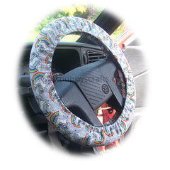 Unicorn's and Rainbow's on Grey cotton car steering wheel cover Poppys Crafts