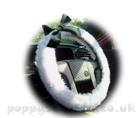White fluffy faux fur fuzzy car steering wheel cover with black satin Bow