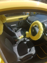 Sunshine Yellow Car Steering wheel cover & matching fuzzy faux fur seatbelt pad set Poppys Crafts