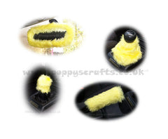 Sunshine Yellow fluffy faux fur car accessories 4 piece set Poppys Crafts