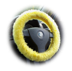 Sunshine Yellow fuzzy faux fur car steering wheel cover Poppys Crafts