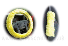 Sunshine Yellow Car Steering wheel cover & matching fuzzy faux fur seatbelt pad set Poppys Crafts