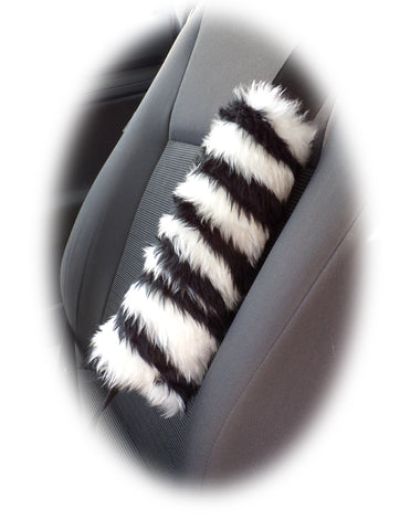 Zebra print fuzzy car seatbelt pads black and white stripe 1 pair